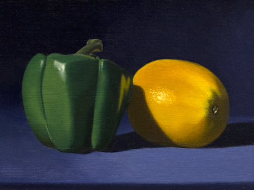 Michael A. Cooley, Pepper and orange, 2014, Oil. This is a still life painting I didnt to encourage my self to paint something each week.