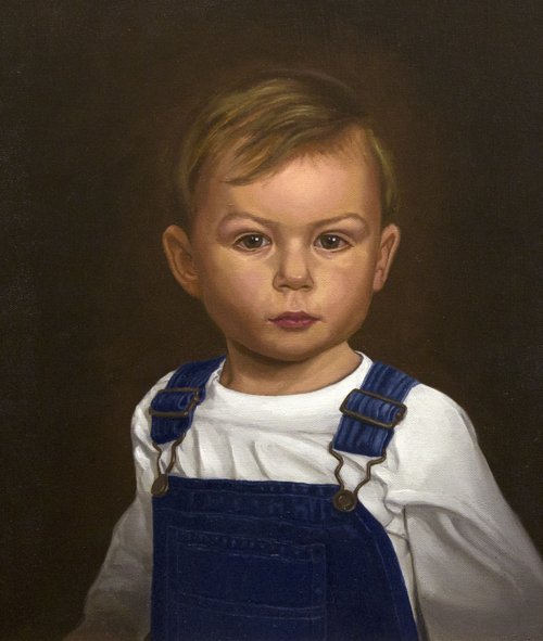 Michael A. Cooley, Boy in overalls, Portrait, 2015, Oil. This painting is for promotion and is presently part of my art exhibit at Blick Art Materials in Columbus, Ohio