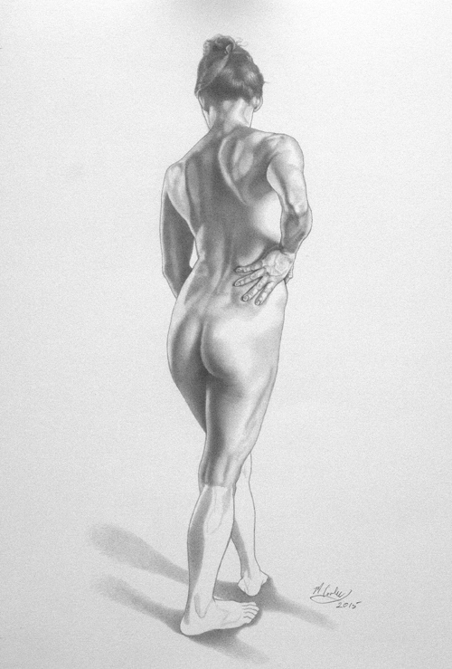 Michael A. Cooley, Female Figure 3/4 Back View, Figure Study, 2015, Graphite. This is another figure study I made using graphite pencil. I just love drawing. I have been doing it since I was 5 years old. It is so important as a painter to have great drawing skills.