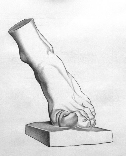 Michael A. Cooley, The Foot of The Gladiator, 2011, Graphite, Independent Study. The foot of the Gladiator is a Bargue lithograph drawing of an important sculpting. Art students from classical academic programs regularly make copies of the Bargue lithographs prior to taking on the task of drawing plaster casts.